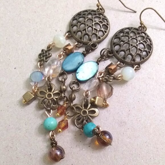 Handmade!!! Extra Long Chandelier Earrings! Loaded w. Beads Crystals Connectors - Picture 8 of 12